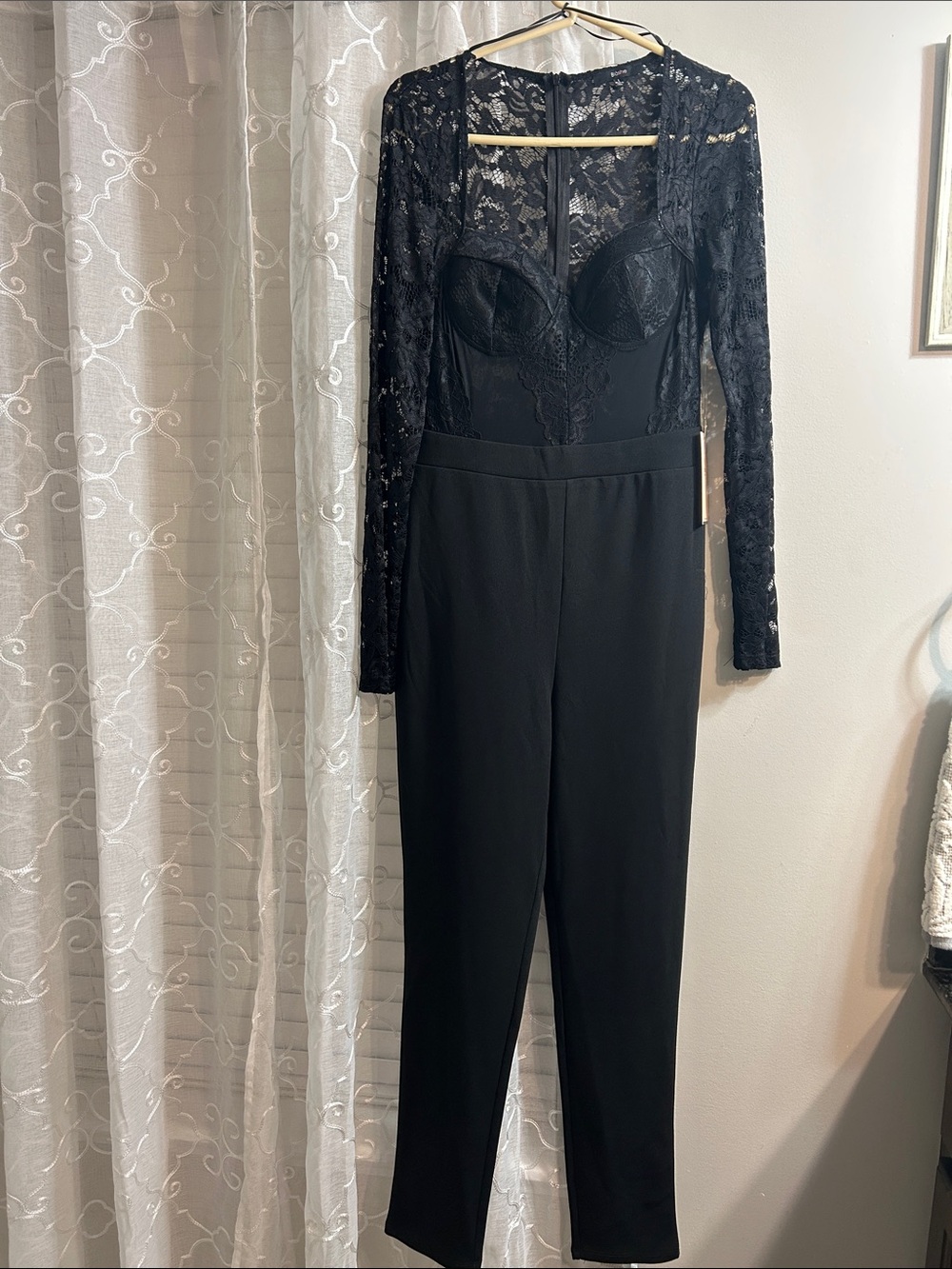 Long-Sleeve Black Lace Bustier Jumpsuit